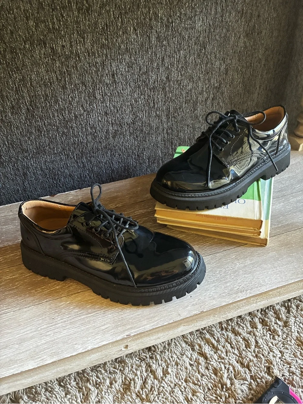 Women’s Black Patent Lace-Up Platform Oxfords With Lug Soles